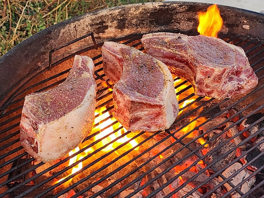2 inch pork chops on the grill from Sparrow Hill Farm