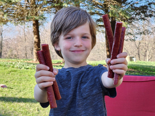 Eddie with Grass Fed and Finished, Natural Recipe Beef Snack Sticks