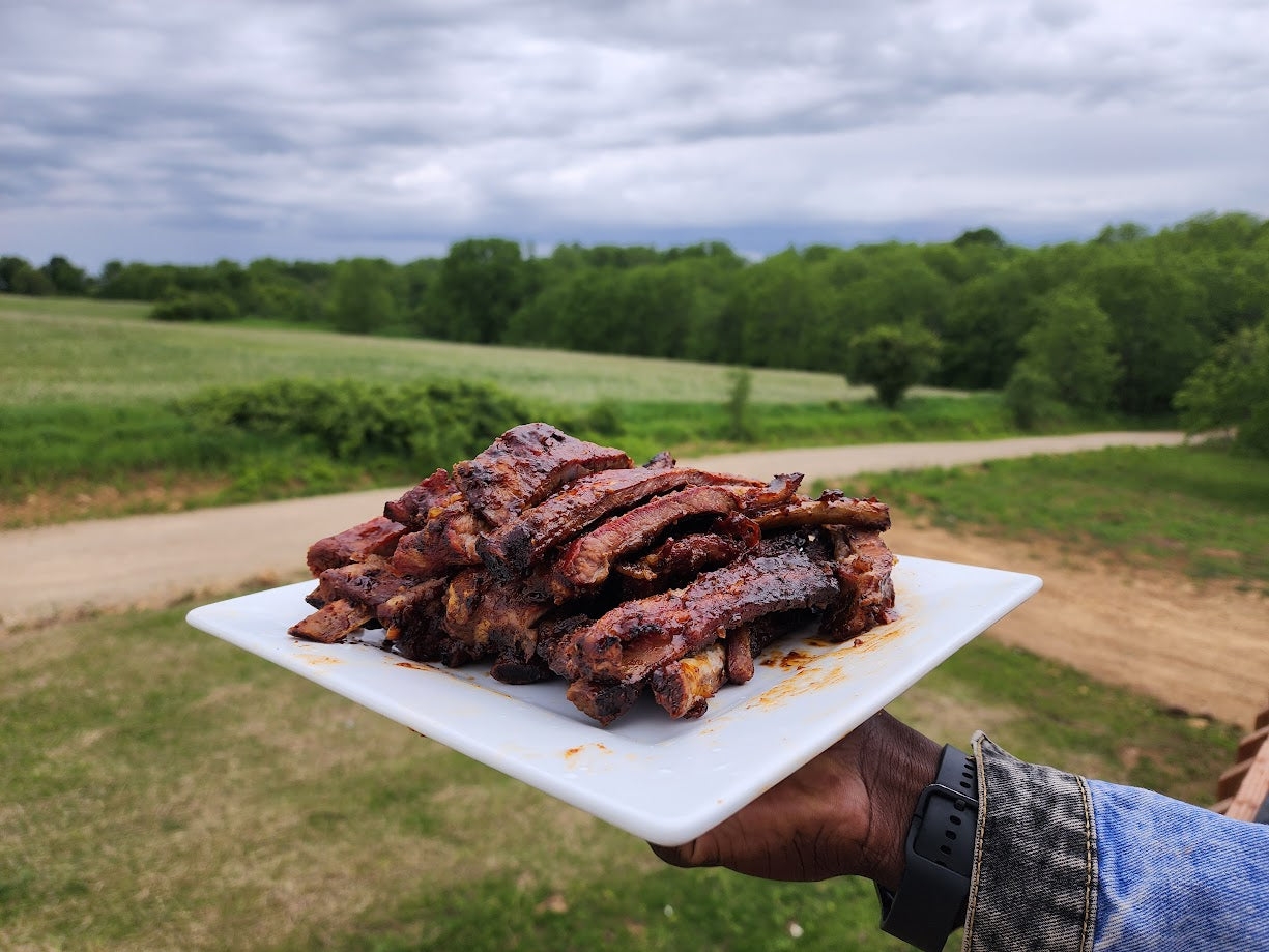 A plate of pasture-raised pork spare ribs